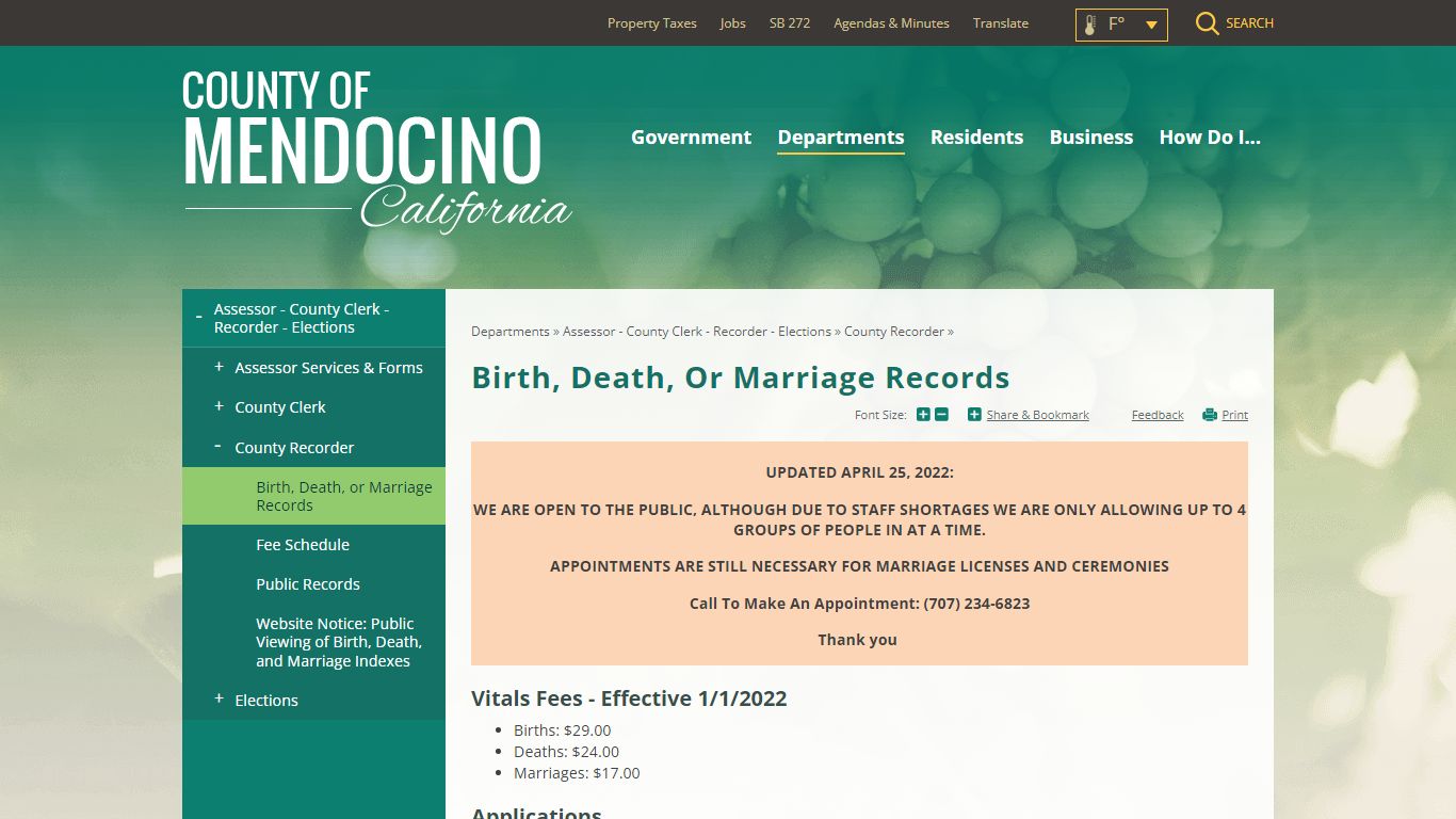 Birth, Death, or Marriage Records | Mendocino County, CA