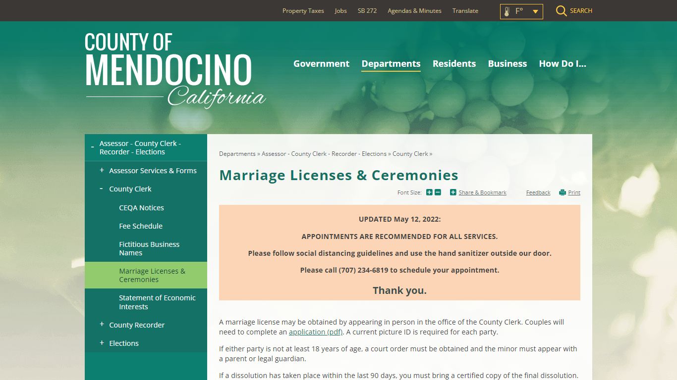 Marriage Licenses & Ceremonies | Mendocino County, CA