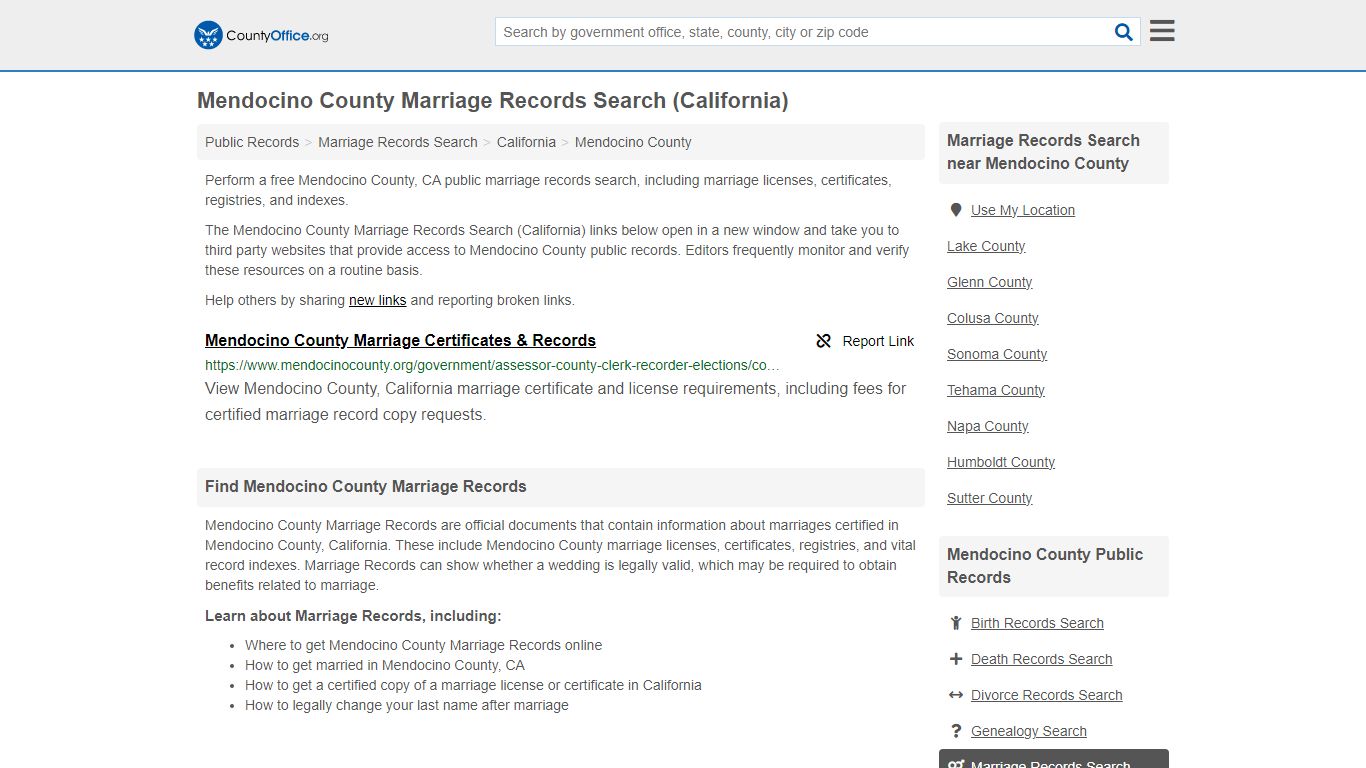 Mendocino County Marriage Records Search (California) - County Office