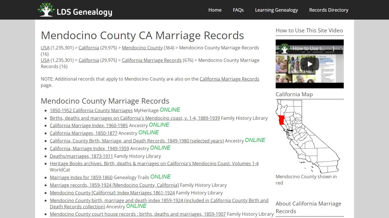 Mendocino County CA Marriage Records - LDS Genealogy